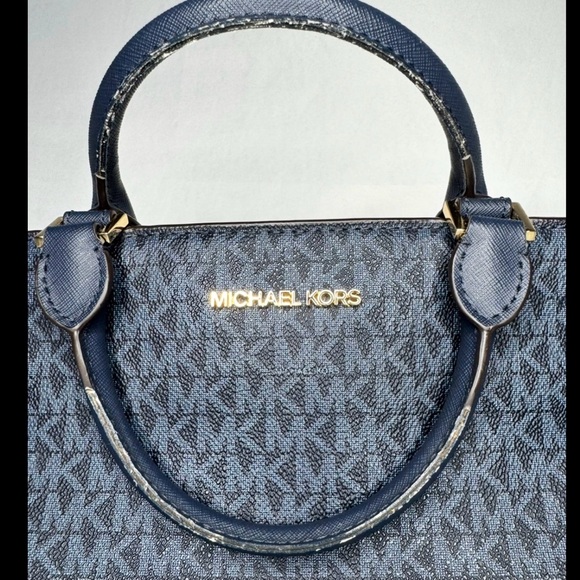 Michael Kors Navy MK Logo Satchel with Gold-Tone Hardware - Picture 8 of 14